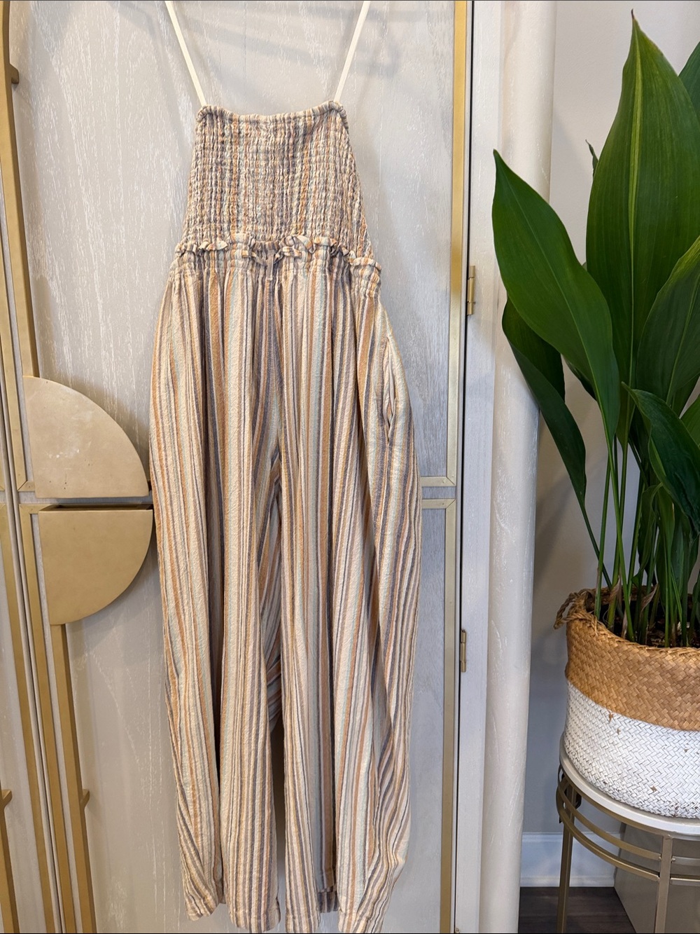 Free People Strapless Striped Tie-Waist barrell leg Jumpsuit in Beige & Cream - Picture 7 of 9